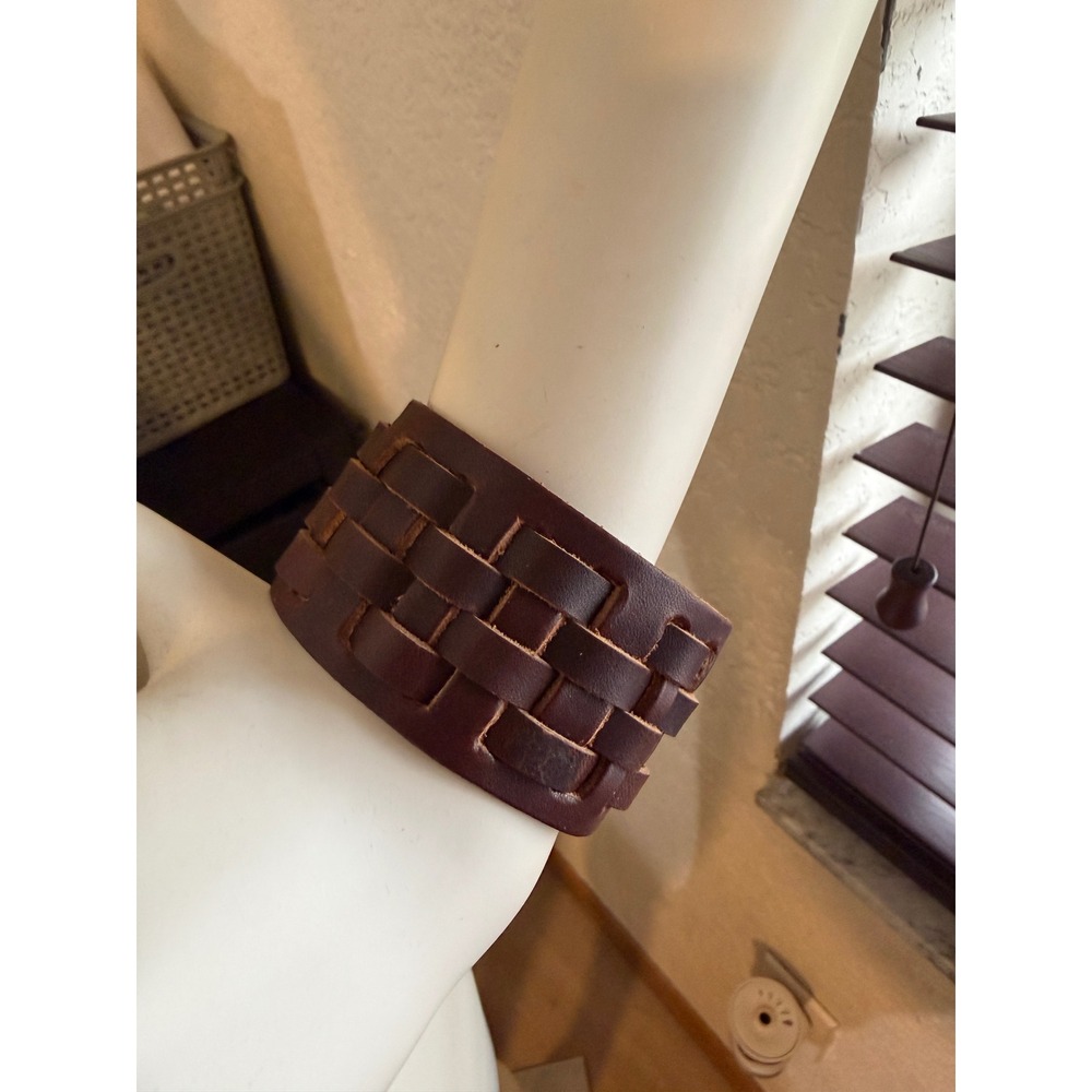 Woven‎ Vegan Leather Cuff Bracelet Unisex OS Brown Studded Punk Rock Biker